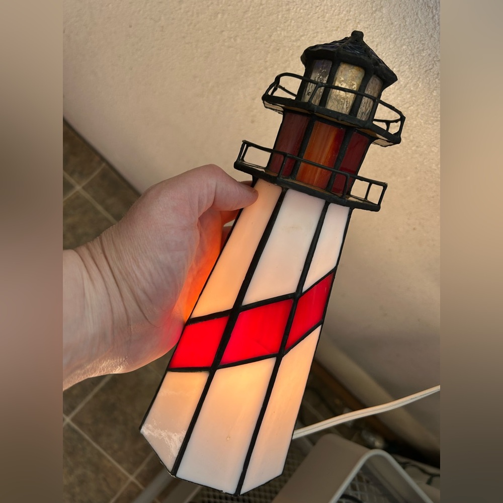 Vintage stained glass lighthouse nautical lamp nightlight handmade Tiffany glas